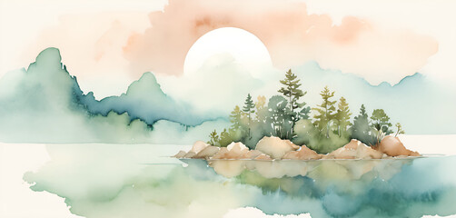 Serene Watercolor Forest Lake & Mountains Landscape