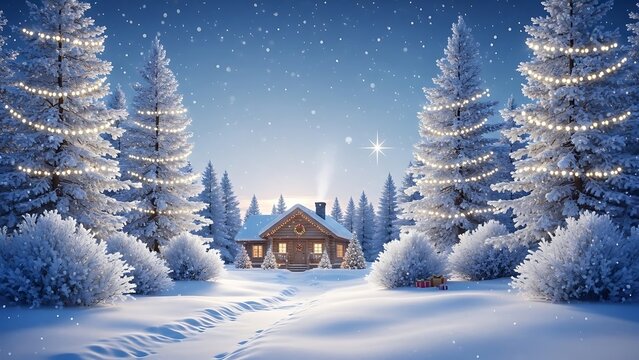 Cozy cabin in snowy winter forest with twinkling lights