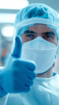 Medical professional in full protective gear giving a confident thumbs-up gesture in a clinical environment. 
