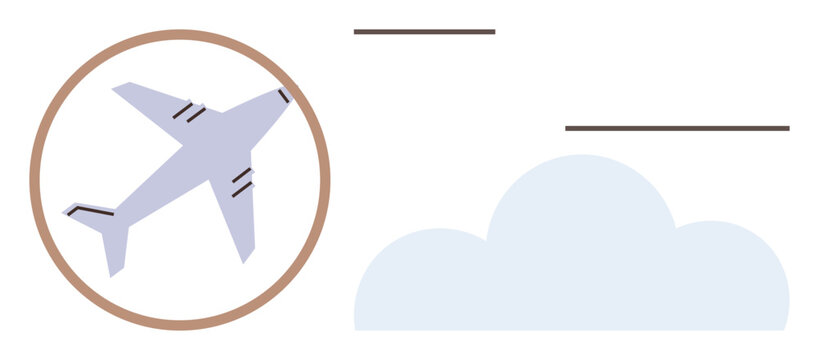 Airplane soaring above clouds within a circular frame, representing travel, aviation, logistics, exploration, global connection, freedom, and innovation. Simple flat metaphor