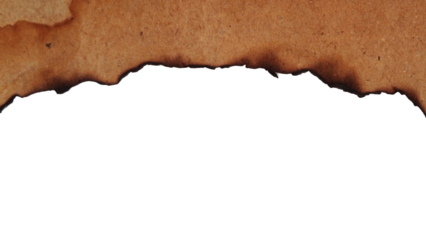 Aged rustic brown paper texture with charred torn edge graphic isolated on transparent background