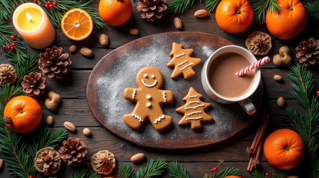 A cozy arrangement of gingerbread cookies, hot chocolate, and seasonal decorations, perfect for holiday celebrations.