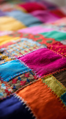 Fototapeta premium Colorful stitched patchwork fabric with vibrant quilted squares. 