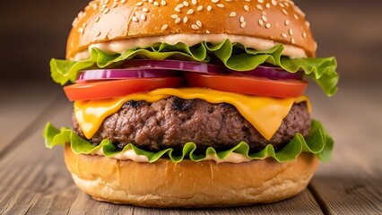 Juicy cheeseburger with fresh lettuce tomato and onion on a sesame seed bun