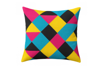 Colorful geometric pattern cushion showcasing abstract harlequin design with cmyk colors, isolated on transparent background