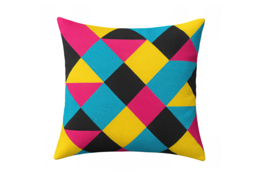 Colorful geometric pattern cushion showcasing abstract harlequin design with cmyk colors, isolated on transparent background - Powered by Adobe