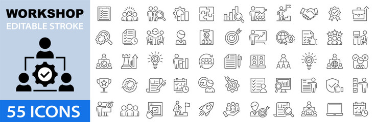 Workshop set of web icon set. Team building, collaboration, teamwork, coaching, problem-solving, education, coaching, meeting, managing, motivation and more