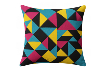 Colorful geometric pattern pillow featuring triangles and abstract shapes, providing comfort and modern home decor with a vibrant design