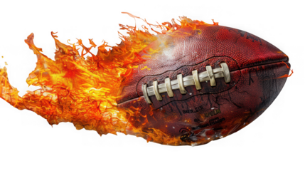 American football in intense flames and fire isolated on transparent background