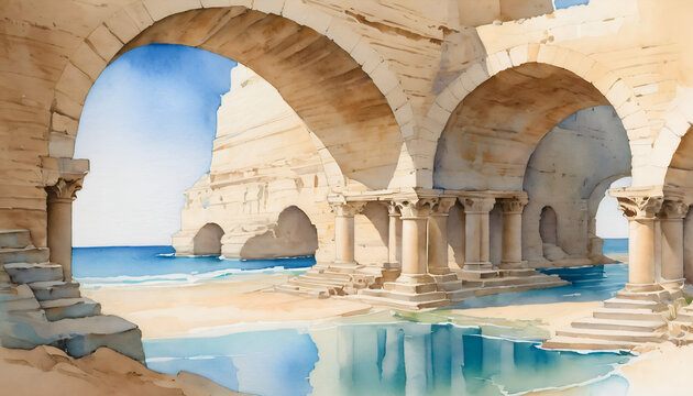 Coastal Ruins: Watercolor Archways by the Sea
