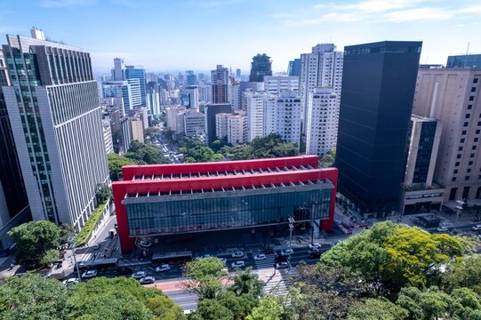 Aerial view of Av. Paulista in S&atilde;o Paulo, SP.  MASP, important museum of latin america.