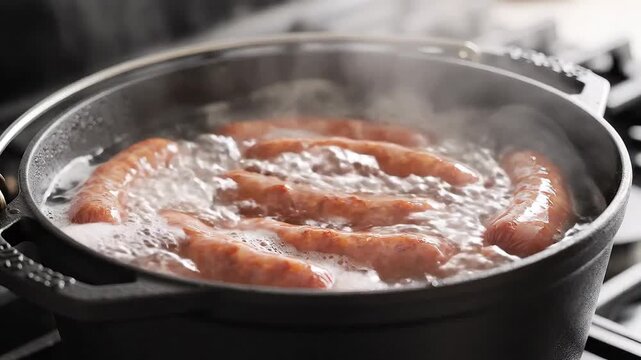 Cooking Delicious Sausages in a Steaming Pot of Boiling Water.