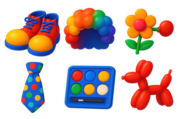Collection of colorful toys and accessories, including a tie, a clown wig