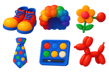 Collection of colorful toys and accessories, including a tie, a clown wig