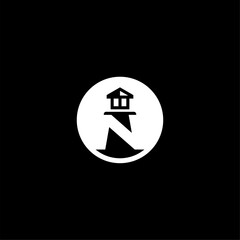 Simple Lighthouse and Negative space Letter N logo concept vector icon