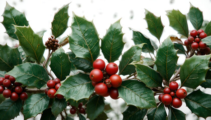 Vibrant clusters of glossy red berries contrasting sharply with the deep green spiky foliage of a natural holly plant branch during the winter season