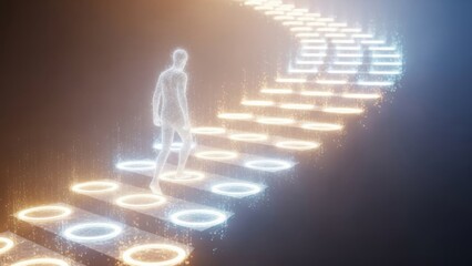 Ascending Figure on Illuminated Staircase - A Journey of Light.