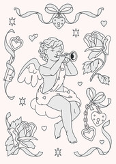 Tender romantic line art coloring book illustration of a Cupid playing a trumpet surrounded by hearts and roses. A vintage-style Valentine's Day coloring page