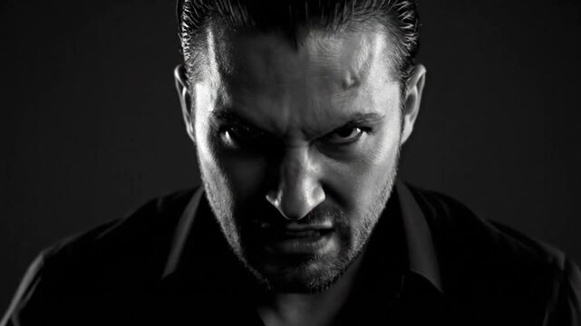Intense black and white portrait of an aggressive man, dramatic lighting