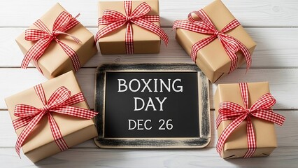 Boxing Day December 26 Chalkboard Sign Surrounded by Gift Boxes Red Ribbons Holiday Sale Concept