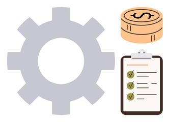 Gear for operation, stack of coins symbolizing financial resources, checklist indicating tasks or goals. Ideal for productivity, finance, planning, management, strategy, business growth
