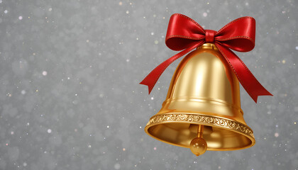 A golden bell with a red bow on a snowy background