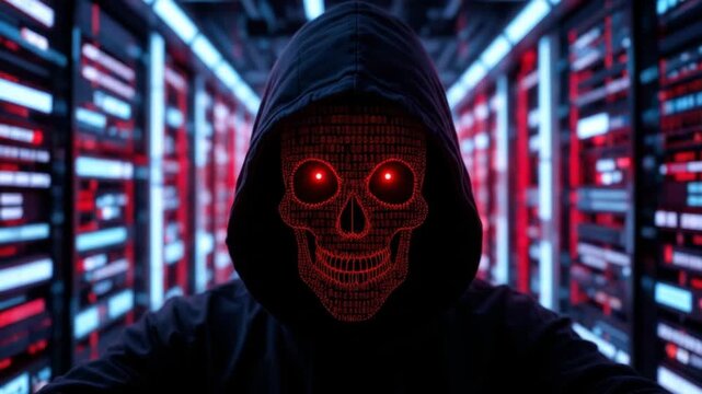 Red skull hacker screen with binary code, network data security system, futuristic design server. 4k video