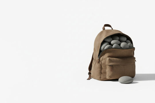 A brown backpack overflowing with heavy stones, standing on a white background. Space for text.
