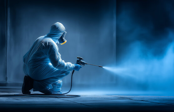 Worker in Hazmat Suit Disinfecting with Sprayer