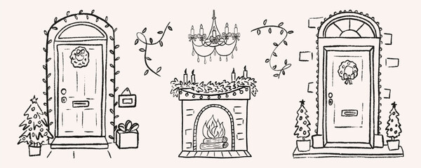Christmas doodle home exterior and interior set with two decorated front porches and a cozy fireplace. Cute xmas wreaths, chandelier, garlands and potted trees. Vector holiday sketch perfect for card