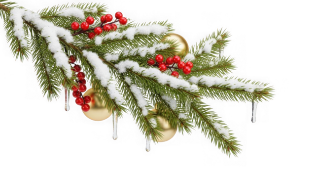 Snowy christmas tree branch with ornaments and icicles isolated on transparent background - Powered by Adobe