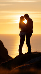 Fototapeta premium Romantic couple standing close together in silhouette at sunset. 