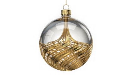 Elegant glass christmas ornament with gold swirls isolated on transparent background