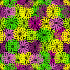 Intense seamless abstract pattern with large, textured floral/mandala contours layered on a vivid neon color block background. Ideal for streetwear, activewear, album art, and edgy graphic design.