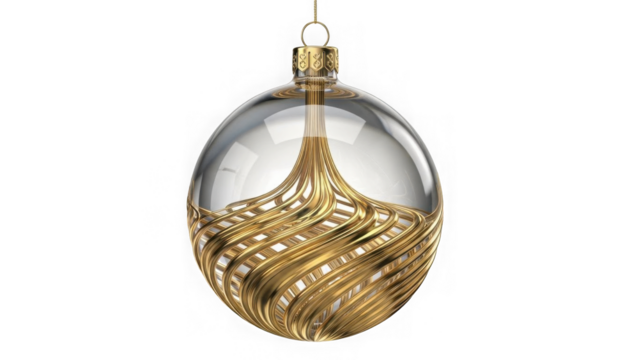 Elegant glass christmas ornament with gold swirls isolated on transparent background