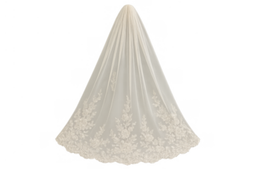 Bridal wedding veil with lace embroidery and sheer fabric, elegant wedding fashion accessory, transparent background