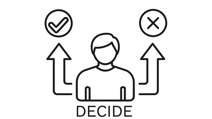 Person facing a decision with choices represented by check and cross symbols above