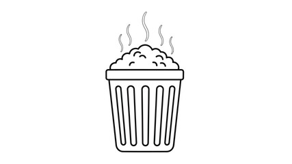 Simple black and white line drawing of an overflowing trash can with scattered debris