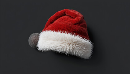 A red Santa hat with white fur trim lies on a dark gray background