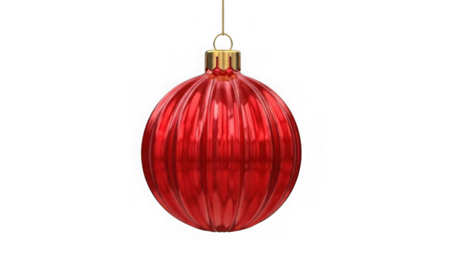 Red oval christmas ornament with vertical ribbing isolated on transparent background