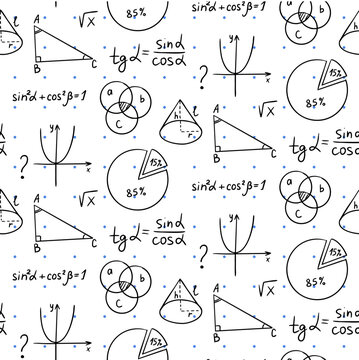 Math and geometry themed pattern with formulas, graphs, pie charts, triangles and diagrams arranged in a playful educational style. The concept represents learning, school subjects and academic study