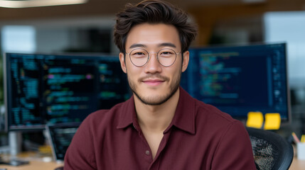 Fototapeta premium realistic portrait of a young adult Asian man sitting indoors in a modern home office setup. He is fully in frame with some headroom and breathing space around him. The man has sho