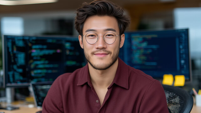 realistic portrait of a young adult Asian man sitting indoors in a modern home office setup. He is fully in frame with some headroom and breathing space around him. The man has sho