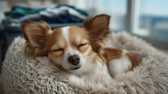 realistic warm indoor lifestyle scene capturing a small sleeping dog in the foreground and an Asian couple packing a suitcase in the background. The dog is fully in frame with comf - Powered by Adobe