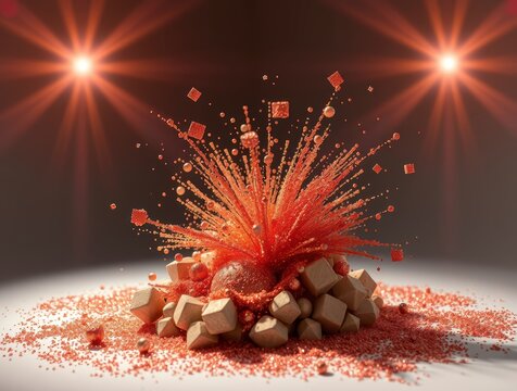 Colorful explosion of red particles from a pile of stones under bright lights in a studio setting during an art performance - Powered by Adobe