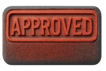 Rubber stamp with word approved in red ink, symbolizing agreement, permission, and business validation on transparent background