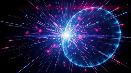 Bright explosion of light and color creates a cosmic scene in a digital representation of energy and motion