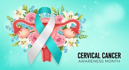 Teal and white awareness ribbon with illustrated female reproductive system and floral elements. Cervical cancer awareness month concept for January health and prevention campaigns