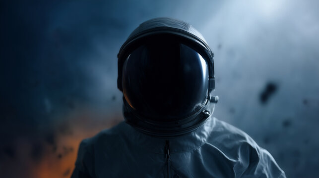 dramatic, cinematic deep-space scene featuring a lone astronaut centered in the frame, facing forward against a dark cosmic backdrop. The astronaut wears a detailed EVA spacesuit w