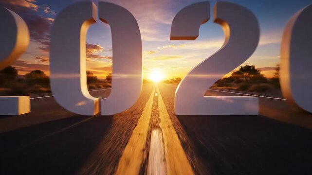 Road paved to year 2026 sunset horizon journey concept